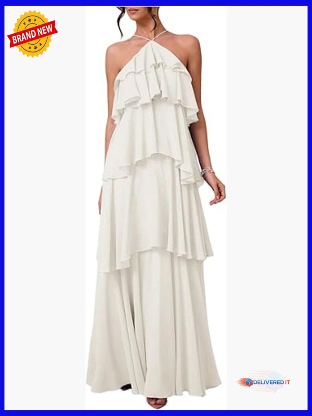 Ruffle Halter Maxi Dress Formal Wedding Guest Sleeveless Swing